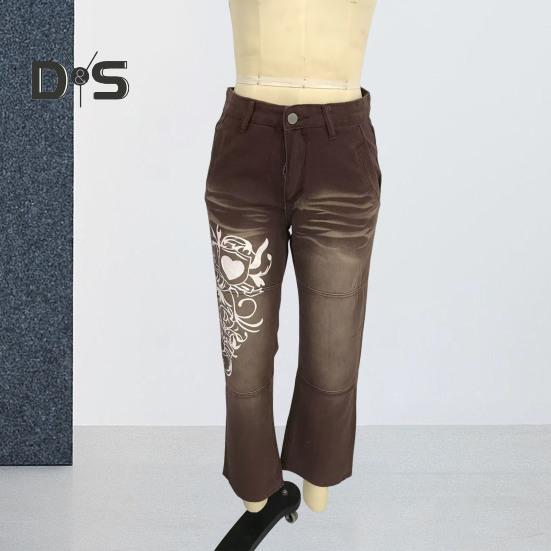 Women Jeans Mid Waist Irregular Individual Printing Retro Style Straight Wide Leg Patchwork Full Length Trousers for Vacation Travel Work School