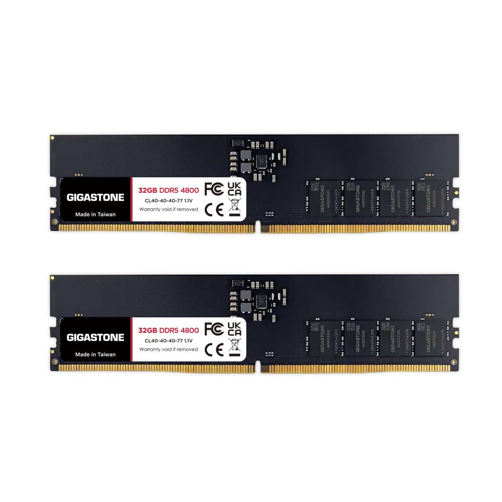 GIGASTONE DDR5 2 x 32GB DDR5 4800MHz CL UDIMM Unbuffered Memory Module Upgrade for Desktop PCs Memory (64GB Kit) PC5-38400 40-40-40-77 1.1V 288-pin