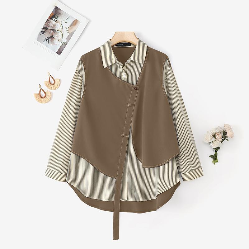 ZANZEA Women Casual Stripe Print Patchwork Loose Long Sleeve Blouse