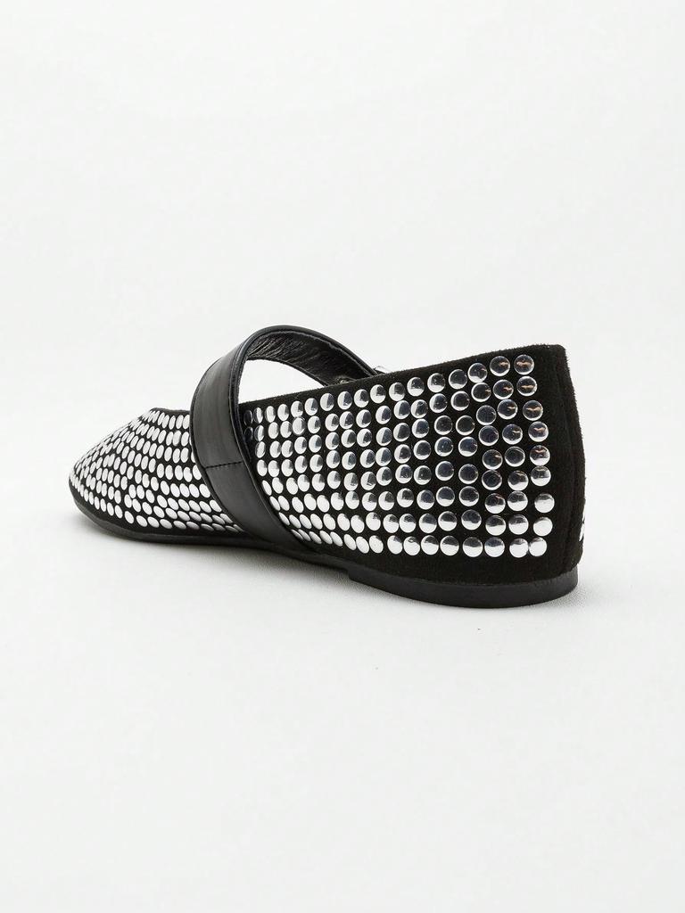 Schwarze Mary-Jane-Flats mit durchgehenden Silber-Pailletten & breitem Einzelriemen mit Schnalle