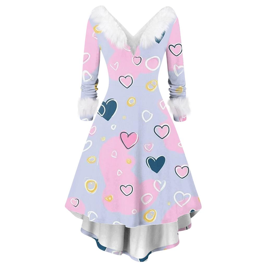 Damen stilvolles und elegantes langärmeliges V-Ausschnitt Kleid mit Valentinstags-Herzprint