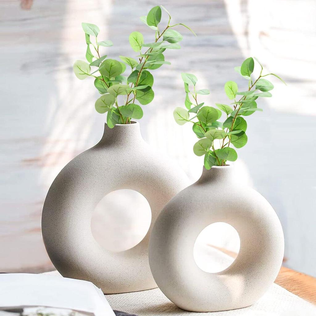 White Ceramic Donut Vase Set (6 & 8 Inches, Pack of 2) – Round Shaped Flower Vase for Pampas Grass, Home Decor Centrepiece