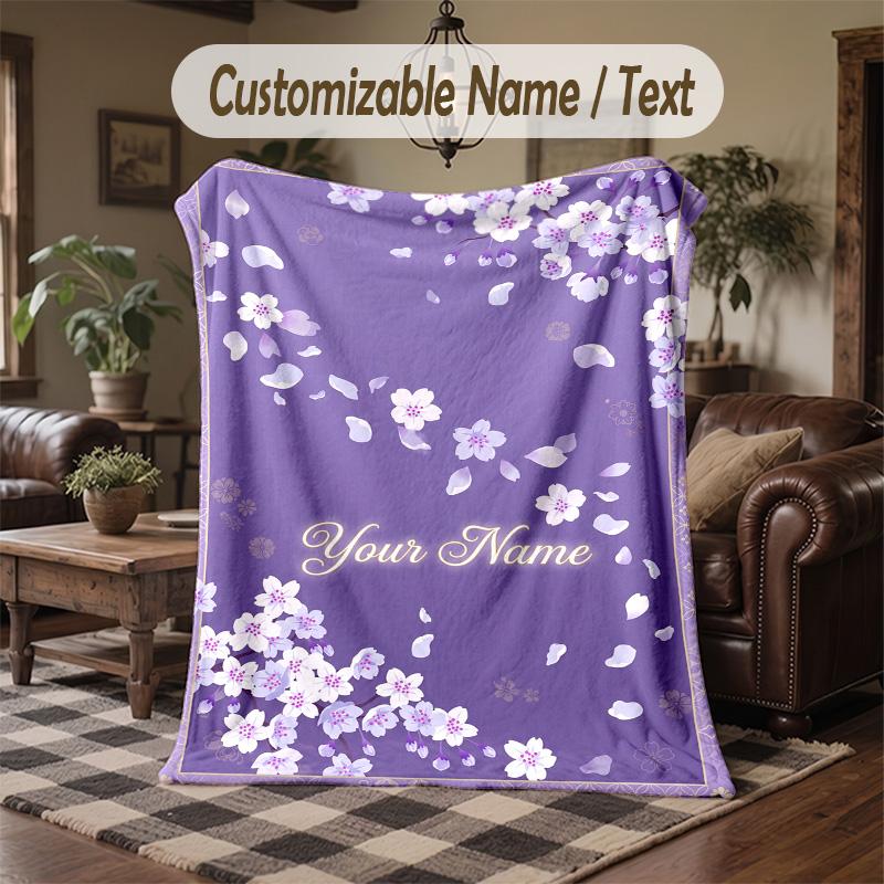 Cherry Blossom Artwork Theme Throw Blanket Custom Name Text Personalized Blanket Soft Cozy Blanket for Home Sofa Bed