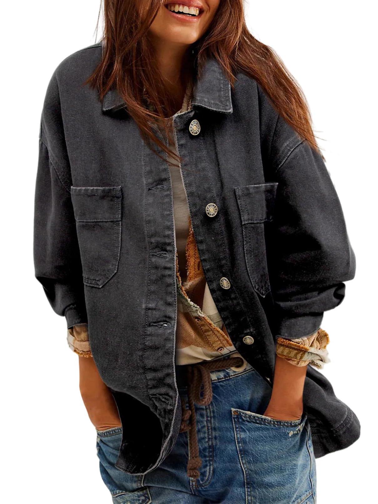 

European & American Style Women s Denim Jacket with Large Pockets and Button Long Sleeves Small