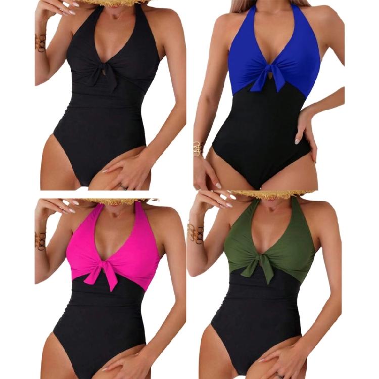 One Pieced Swimsuit for Women Breathable Swimwear Solid Color Contrasting Bathing Suit Beachwear Backless Design