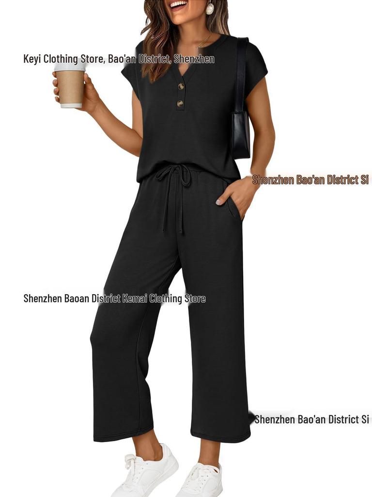 Women's Spring/Summer V-Neck Short Sleeve Buttoned Two-Piece Casual Suit