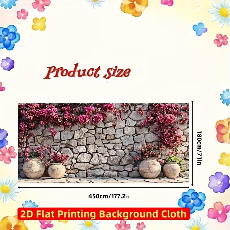 2D Blooming Bougainvillea Stone Wall Backdrop, 2D Flat Printing Background Cloth for Outdoor Events & Parties