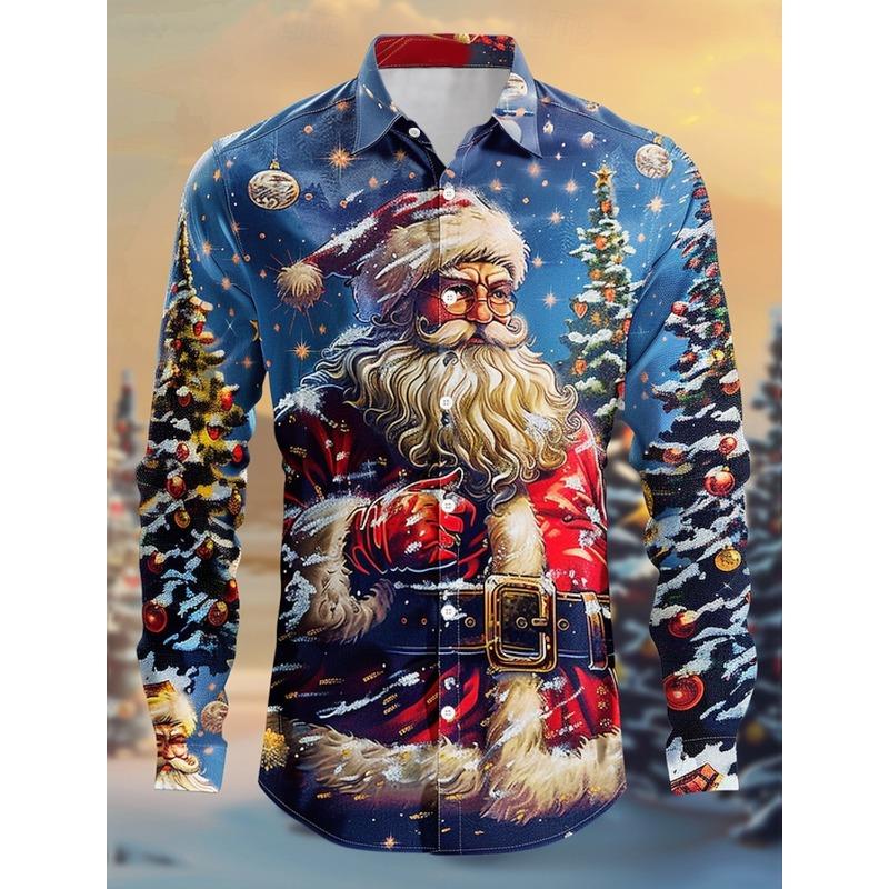 Christmas Theme Fashion Men's Casual Long Sleeve Shirt Breathable Tops Santa Claus Themed Stylish Pattern Full Sleeve Shirts
