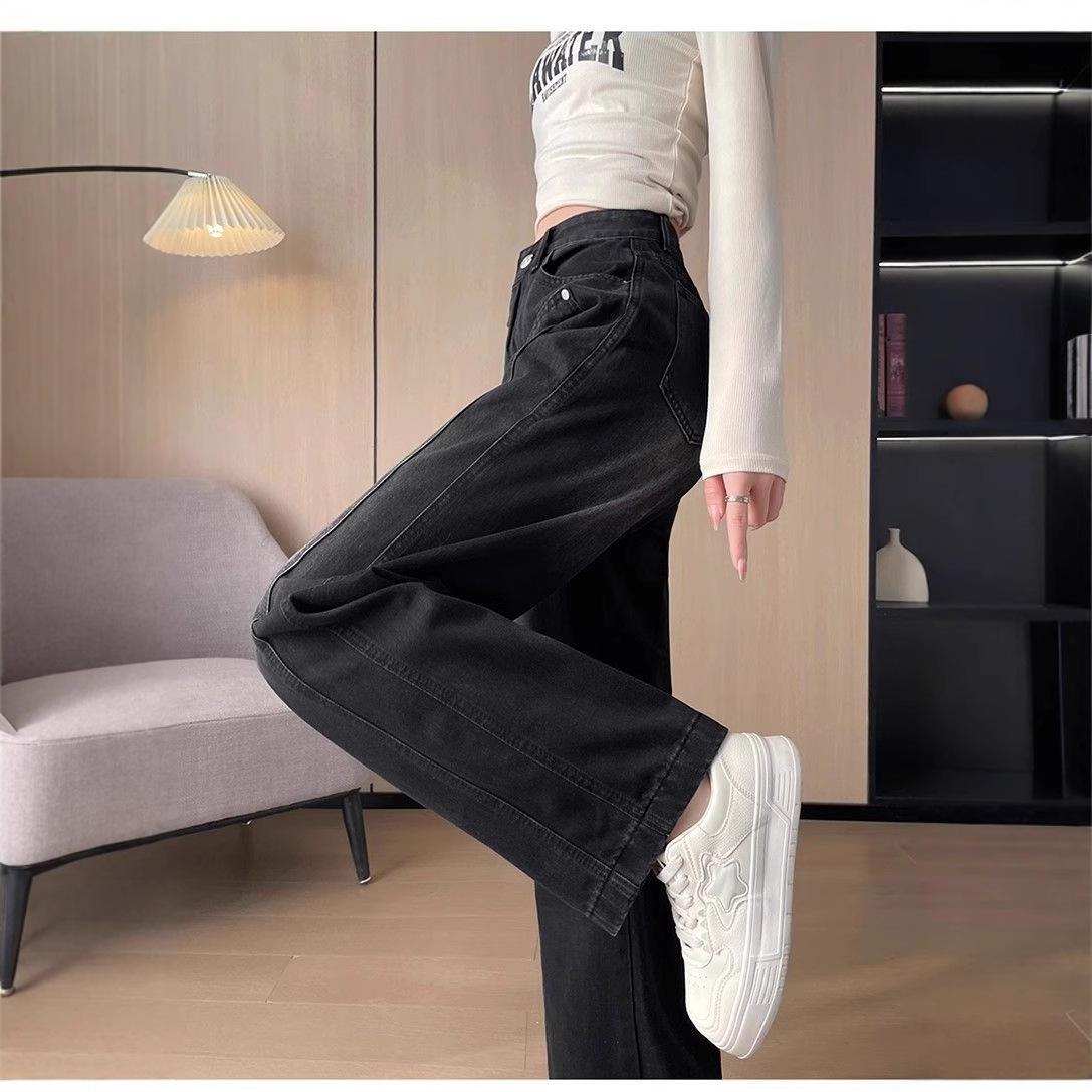 

Утолщенные черные прямые джинсы для женщин зимой, новые утягивающие и универсальные широкие брюки с высокой талией и драпировкой XXL