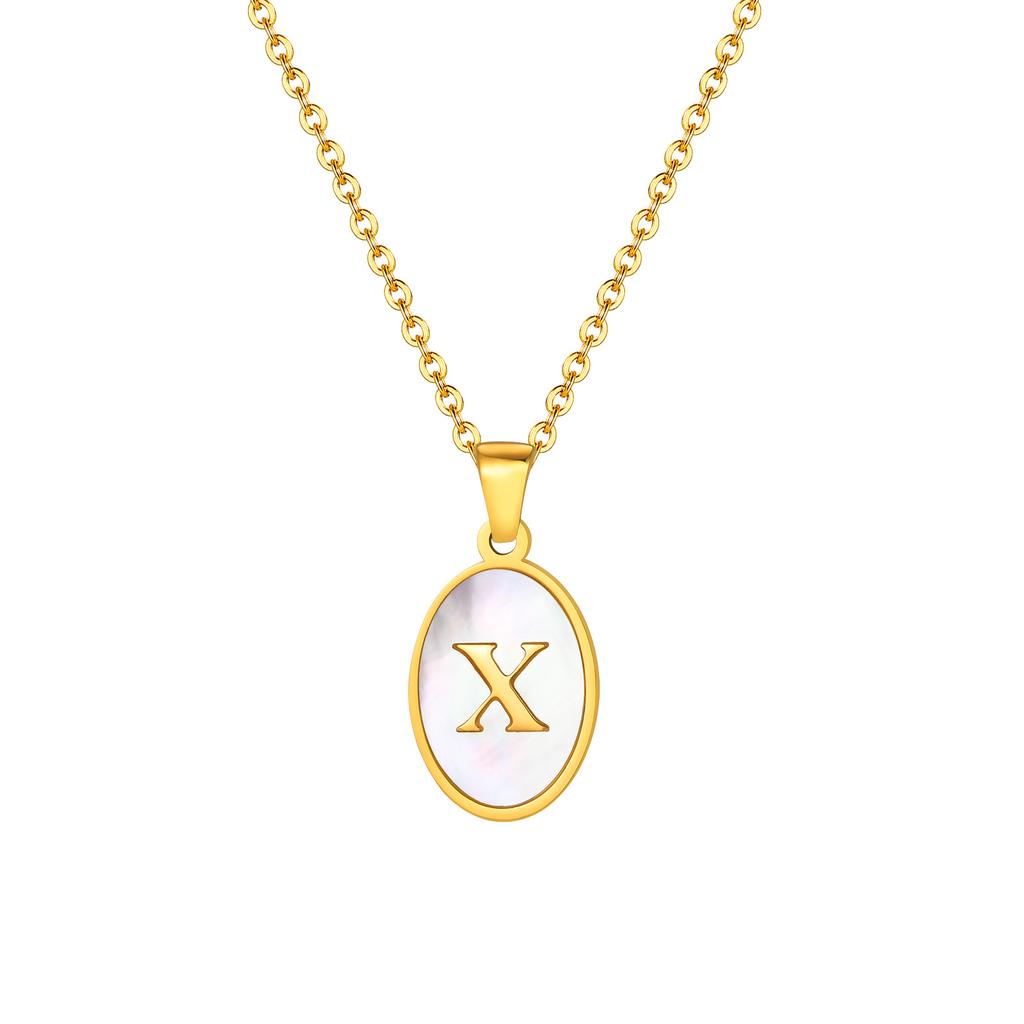 Vnox Women's Pretty Letters Necklace, Stainless Steel Oval White Shell Letter A-Z Pendant, Gold Color Jewelry Gifts