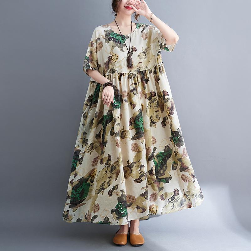 

DIMANAF Летнее платье больших размеров с цветочным принтом, повседневная женская одежда, большие размеры, новинка 2022, повседневное льняное платье с короткими рукавами и круглым вырезом One Size серый