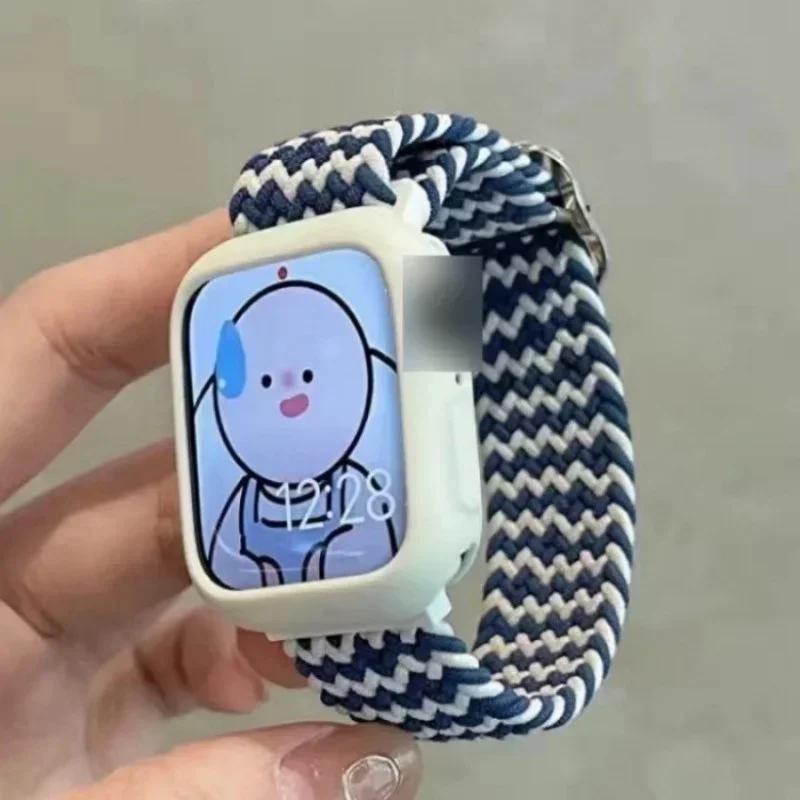 Korean Cute Braied Strap + Case For Apple Watch Band 49mm 46mm 45 44 38 42 Nylon Bracelet For iWatch Series 10 9 8 7 6 5 4 3 SE