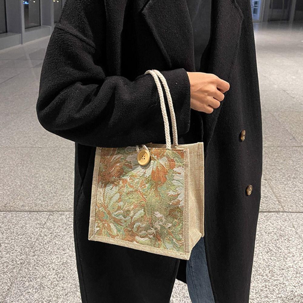 Large Capacity Linen Handbag Portable Printing Cloth Lunch Bag Ethnic Style Canvas Bag  Travel
