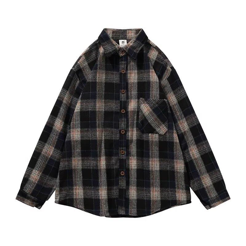 2024 Plaid Long Sleeve Shirt Japanese Hong Kong Style Ins Loose Shirt Boys Summer Trendy Versatile Casual Coat