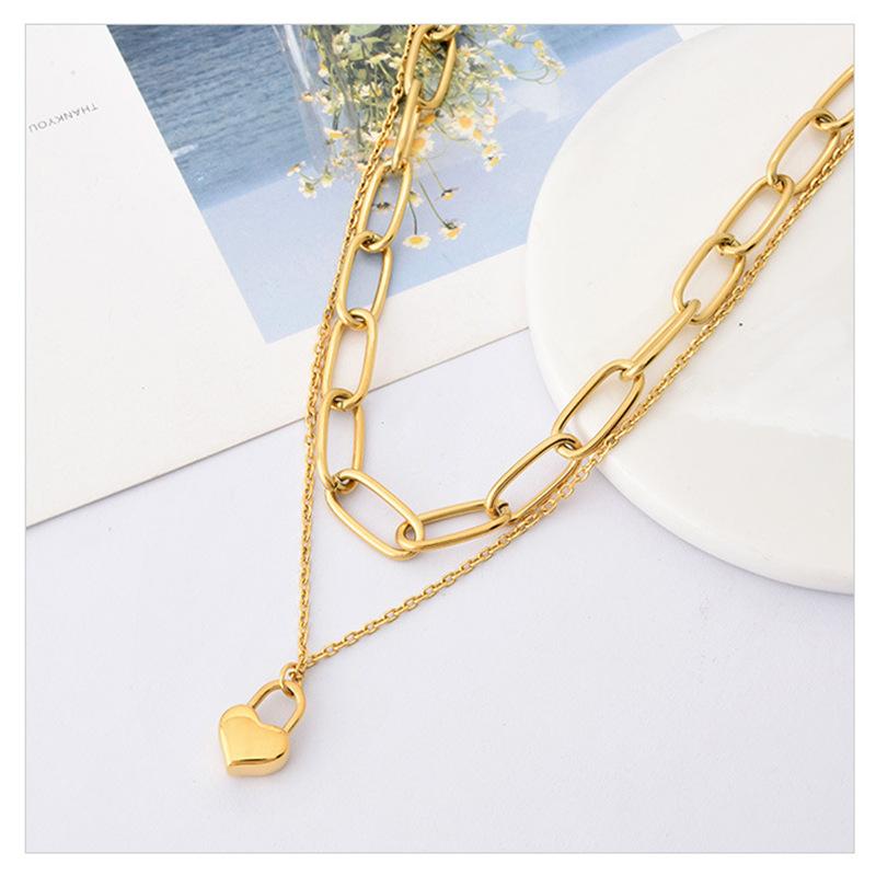 18K Gold Plated Layered Heart Lock Pendant Necklace, Dainty Chunky Paperclip Chain Double Layer Choker for Women, Trendy Jewelry