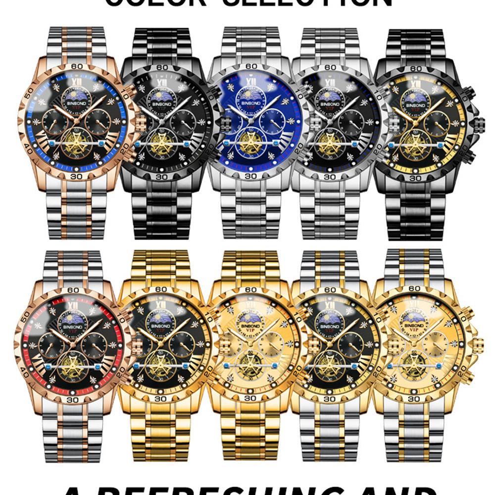 BINBOND Trend Fashion Men Watches Fine Steel Original Brand Quartz Wristwatch for Man Flywheel Chronograph Moon Phase Waterproof