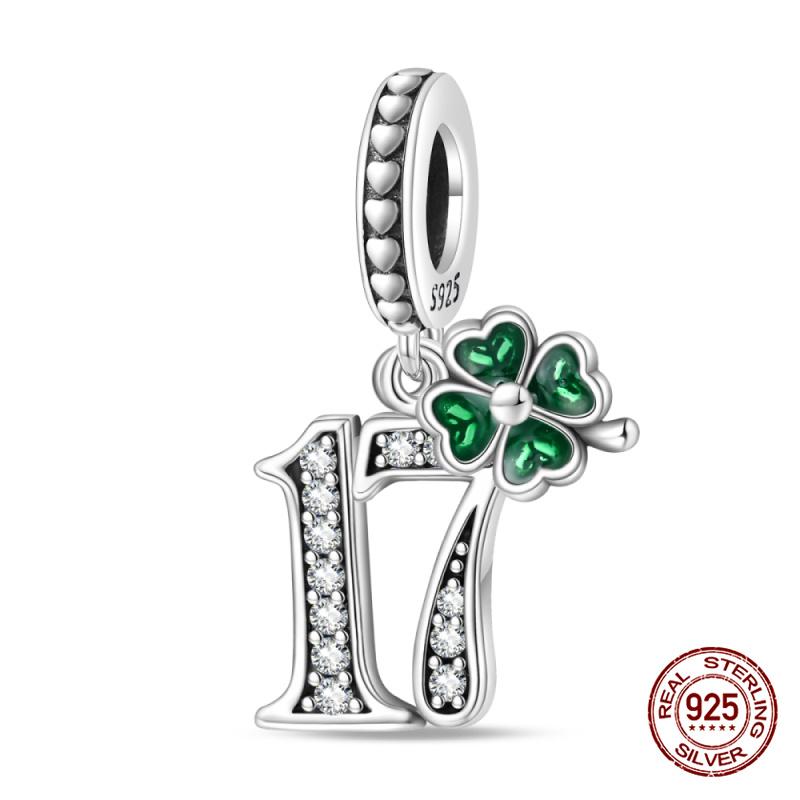 Original Charms Copper Lucky Four Leaf Clover Number Charms Beads Fits 3Mm Original Bracelet Women Diy Jewelry Gift