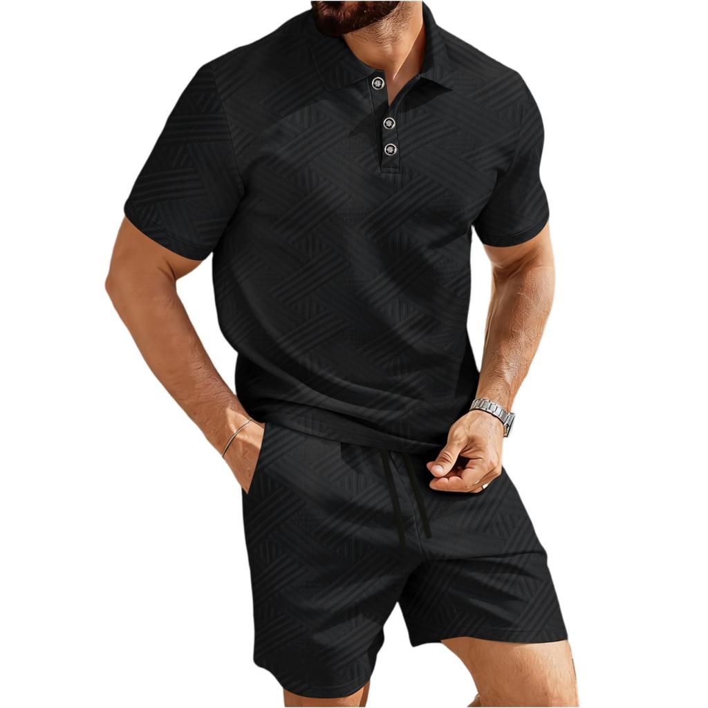 Men's Stylish Casual Collarless Short-sleeved Shirt - Men's Short-sleeved Top And Shorts Two-piece Set