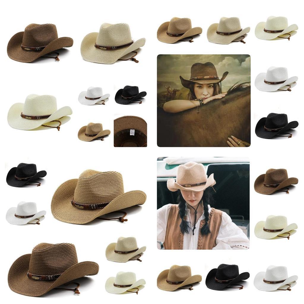 Adjustable Western Cowboy Straw Hat For Women Perfect For Outdoor Beach Activities With Sun Protection And Stylish Brim