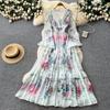 Holiday style printing V-neck lantern sleeve dress women's early spring waist A-shaped long dress with ruffle edge high-end foreign style