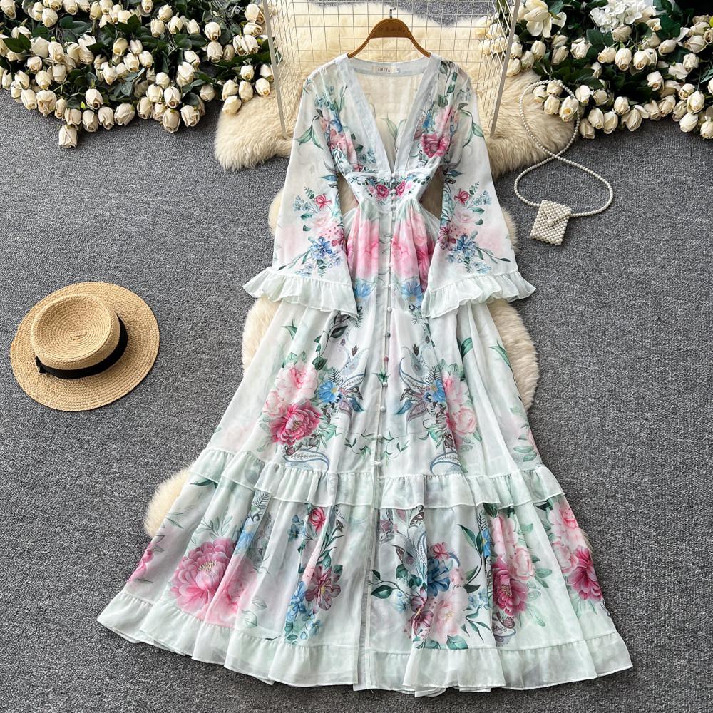 Holiday style printing V-neck lantern sleeve dress women's early spring waist A-shaped long dress with ruffle edge high-end foreign style