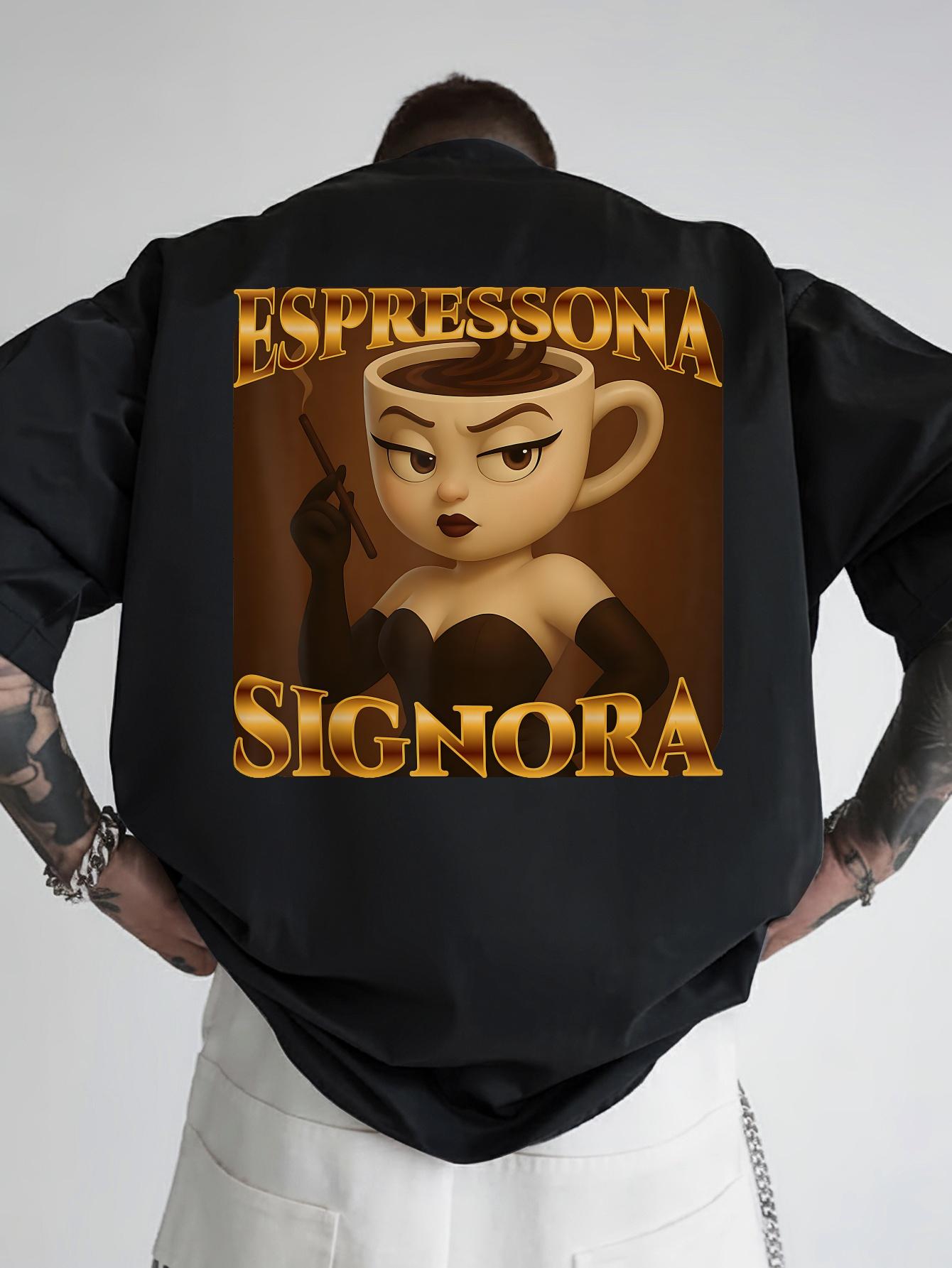 Casual Short Sleeve T-shirt with Funny Espresso Sign Design - Black Polyester Crew Neck S