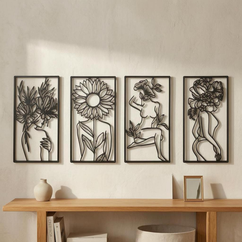 4 Pieces Abstract Female Line Openwork Minimalist Metal Drawing Figure