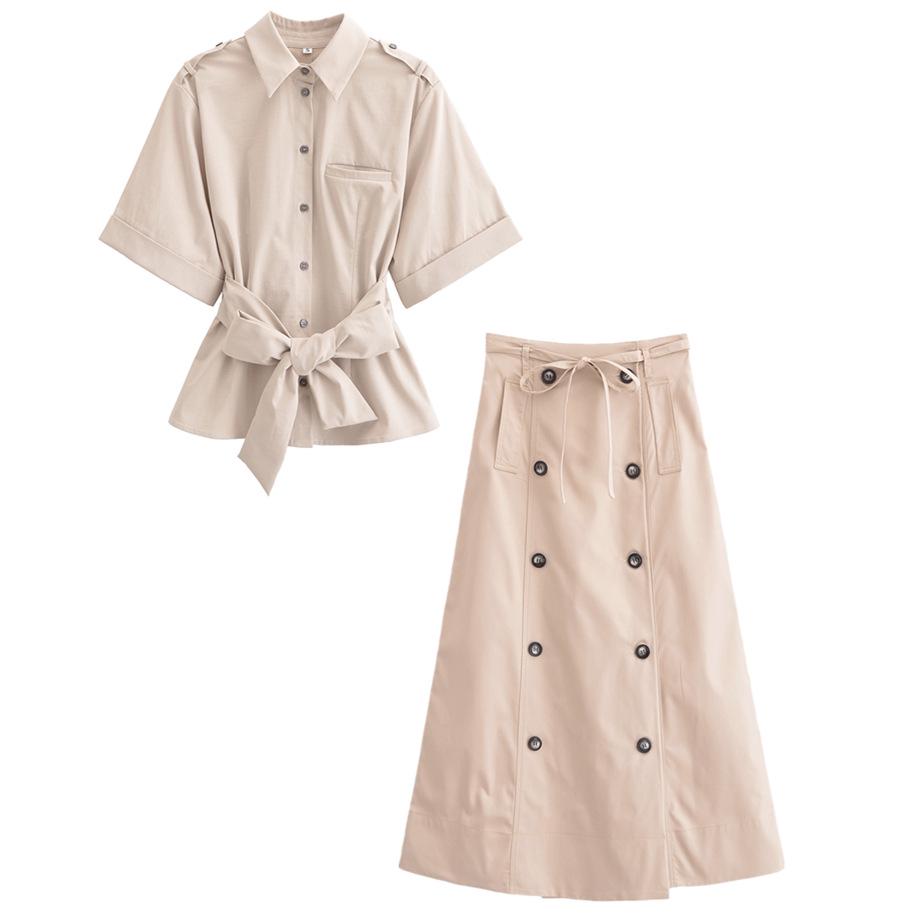 

2025 Spring Women s Slim Waist-Cinching Double-Breasted Collar Shirt and Skirt Set L