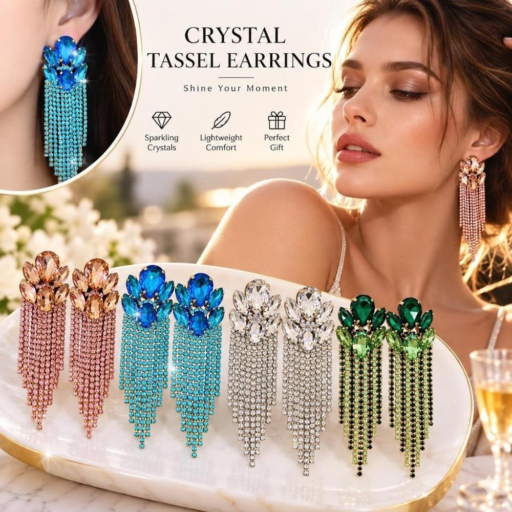 Oval Stone Rhinestone Tassel Earrings Exaggerated Chain Earrings Ear Accessory  Dressy Outfits