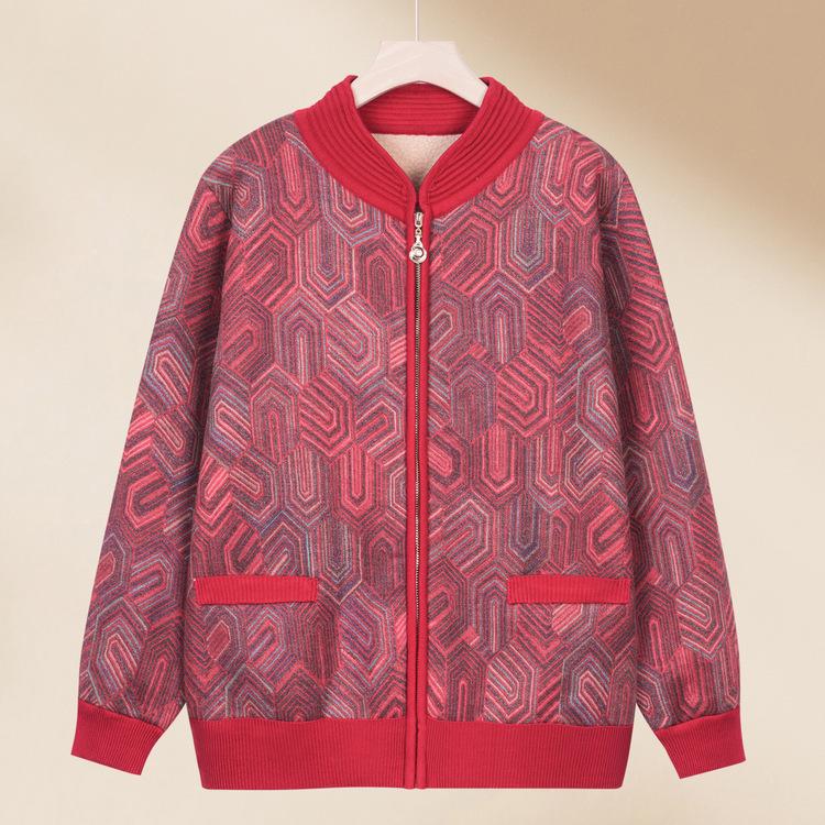 Grandma Warm Clothes for Middle-aged and Elderly Women Plus Velvet Thick Sweater Cardigan Mother Lamb Velvet Cardigan Old Lady Small Size