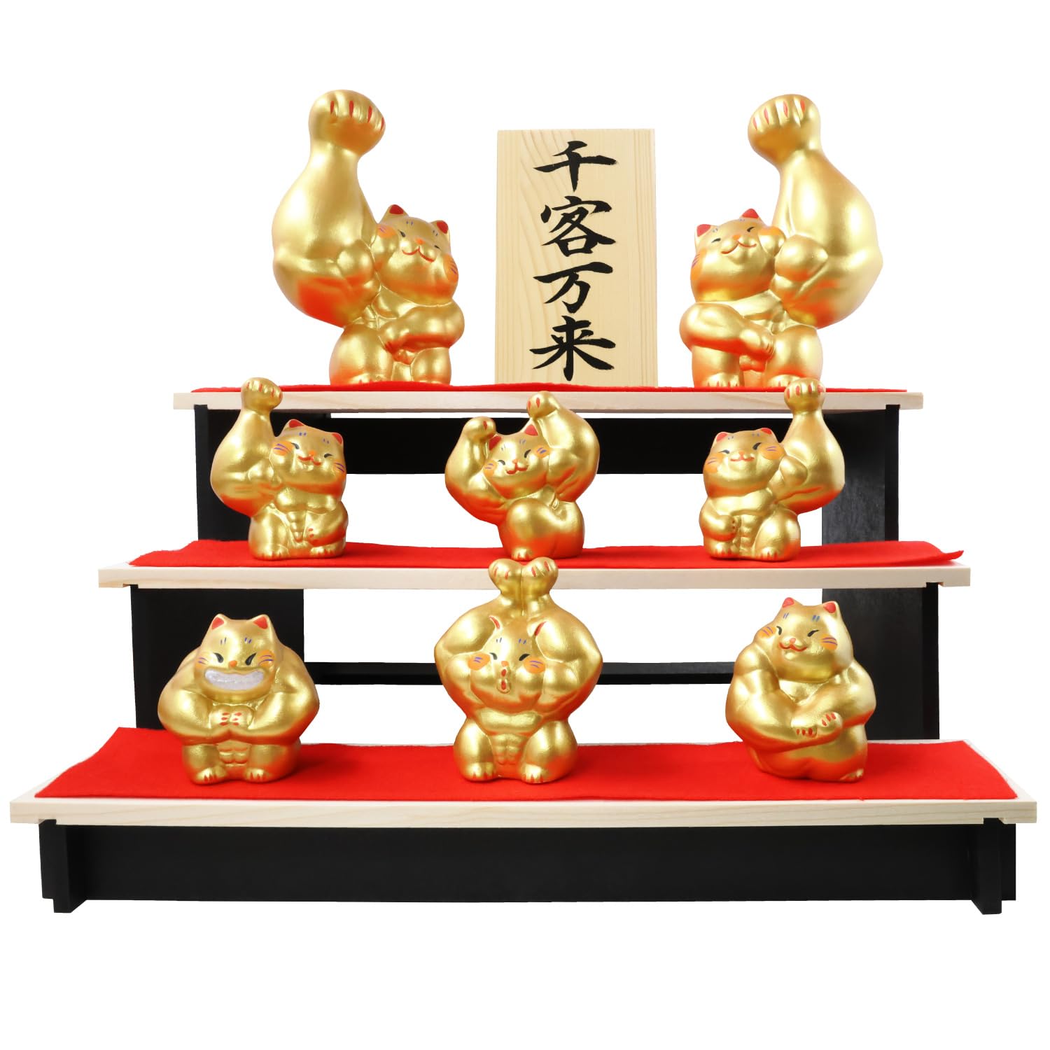 

Osaka Choseido Ceramic Figurine with Free Original Wooden Tag Tiered Display Overall Height 28cm Maneki-neko (Sent Separately) - Strong-Armed