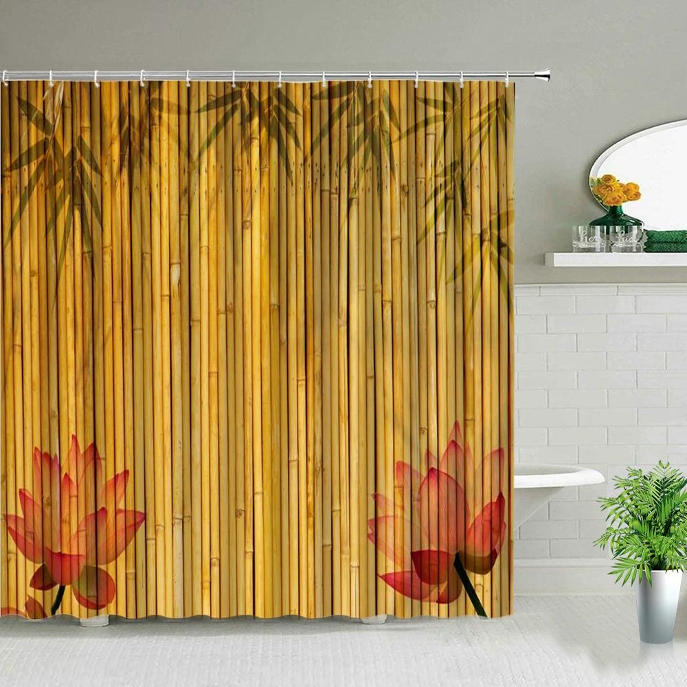Yellow Green Bamboo Lotus Shower Curtain Bathroom Curtains Plant Flower Natural Scenery Fabric Background Wall Decor Screen Hook