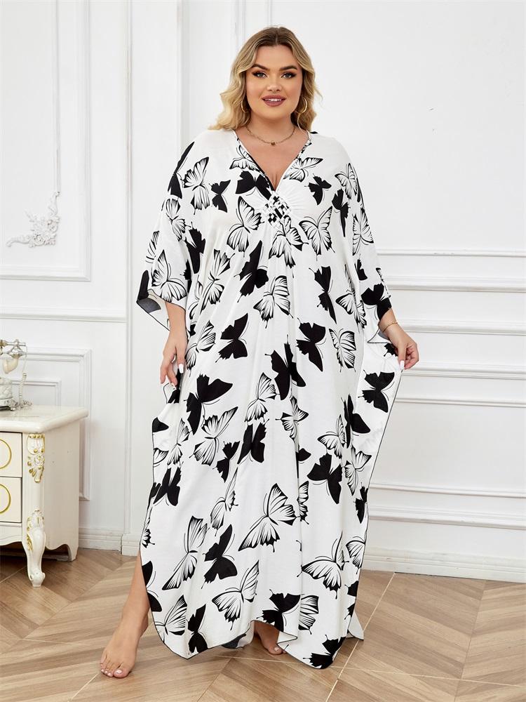 

EDOLYNSA сексуальный плюс размер пустой белый кафтан с богемным принтом летнее длинное пляжное платье женская домашняя одежда наряд купальный костюм накидка свободный кафтан One Size чёрный/белый