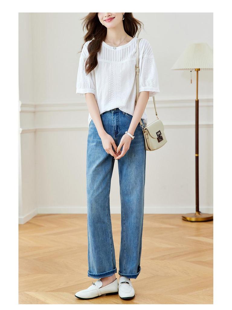 Women's Chic Pleated Short Sleeve Cotton Embroidered Shirt