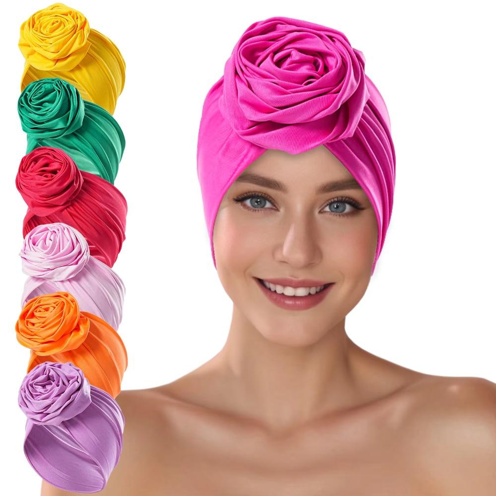 Elastic Boho Flower Bandana Raw Silk African Turban Cap Big Rose Flower Hairband  Hair Accessories