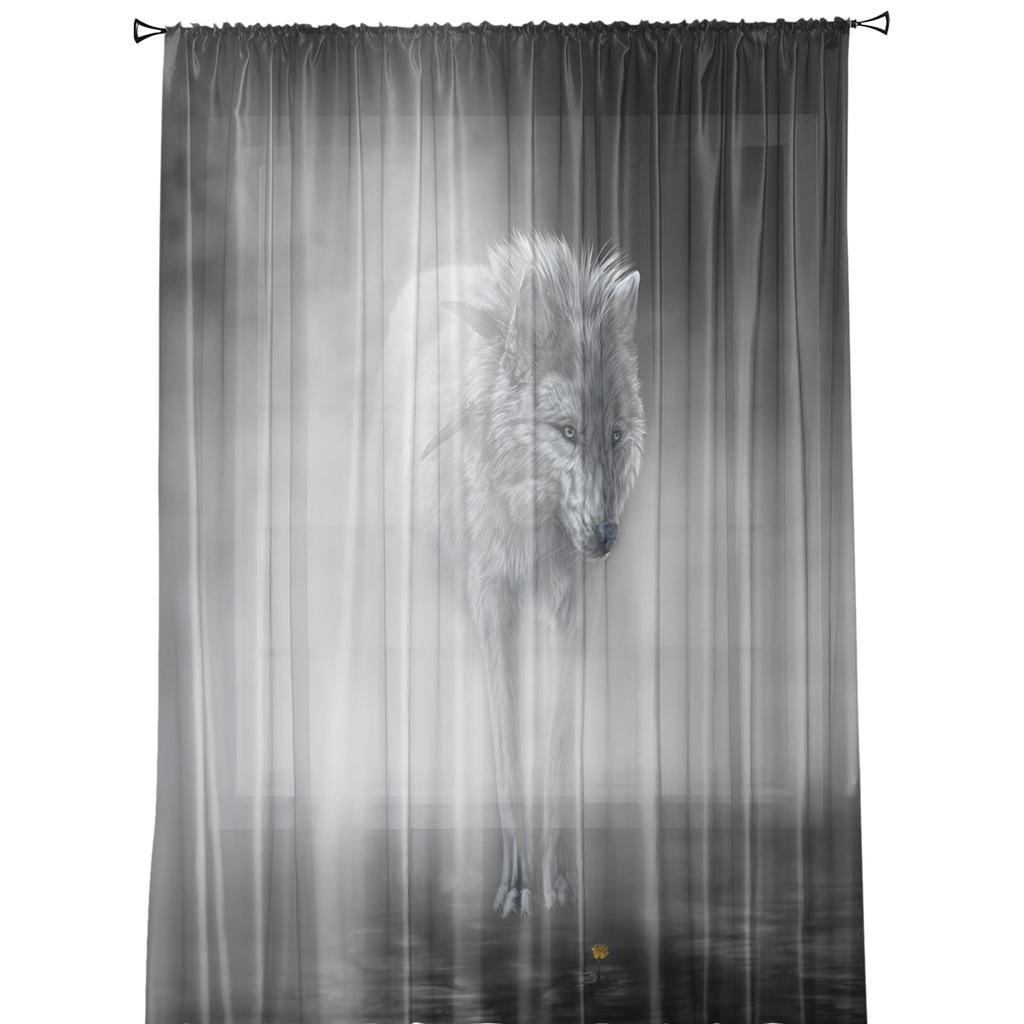 Wolf im Nebel Moderne Vorhänge für Wohnzimmer Transparente Tüllvorhänge Fenstersheer für das Schlafzimmer Zubehör Dekor