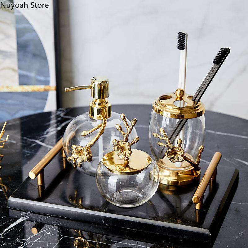 Light Luxury Bathroom Accessories Brass Transparent Crystal Glass Lotion Bottle Storage Tank Cotton Swab Box Marble Storage Tray