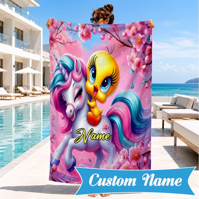 Custom Name Good Night Yellow Bird Heart In Space Adventure Microfiber Beach Towel, Lightweight for Summer Travel, Swimming Pool Fan Gift