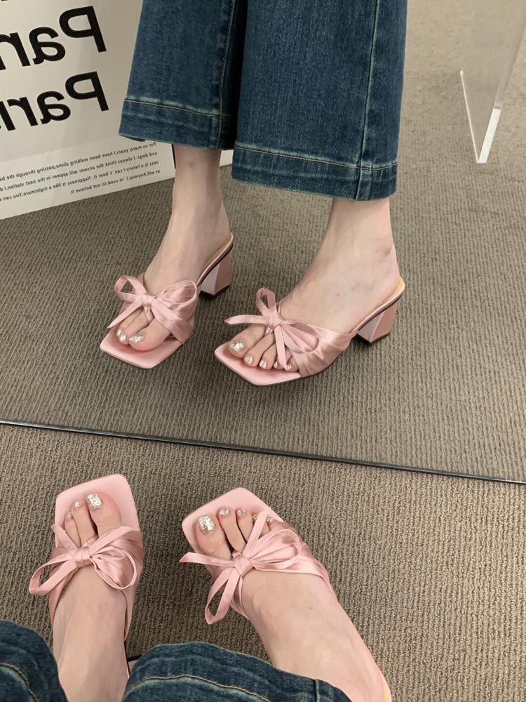 Fashion French Haute Couture Satin Bow Chunky Slippers for Women Wearing The New Summer Peep-toe Heels
