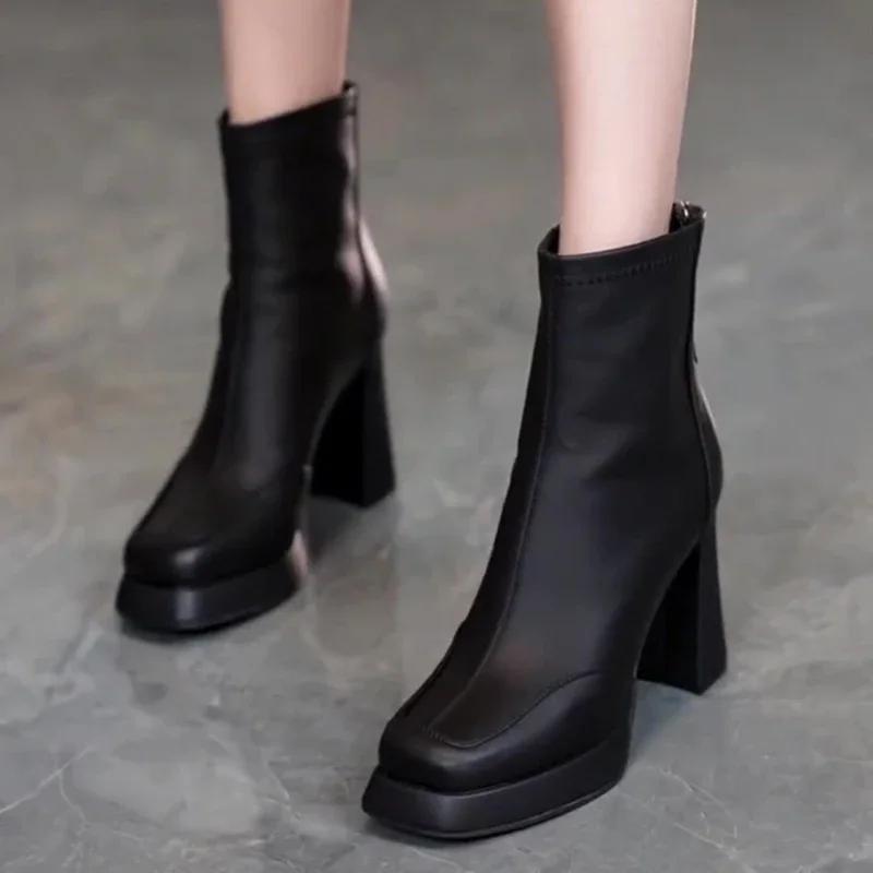 New Street Style High Heel Women Ankle Boots Fashion Square Toe Short Booties Autumn Winter Ladies Shoes Botas