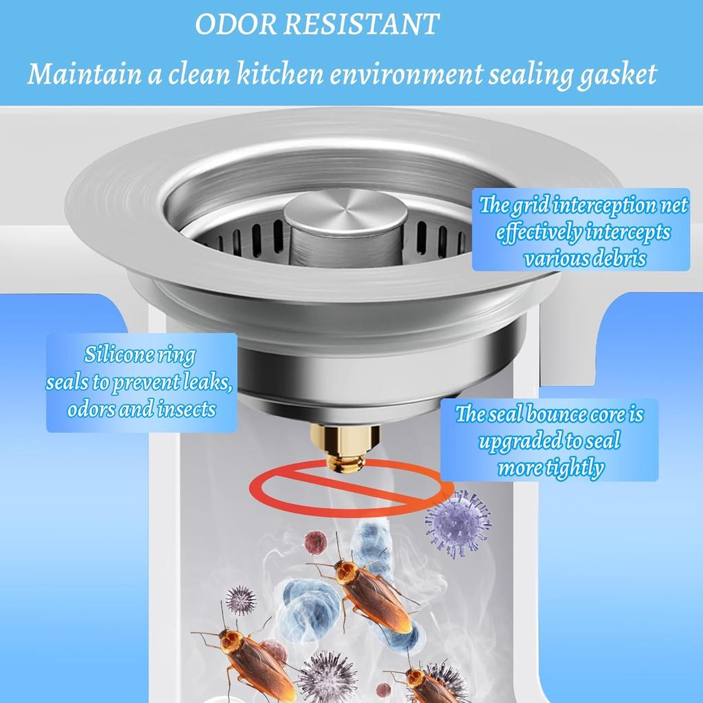 3 in 1 Küchenspülenablaufsieb, Universeller Küchenspülenstöpsel aus Edelstahl, Pop-up-Ablauf gegen Verstopfung für 3-1/2 Zoll US-Standard