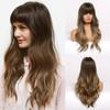 ALAN EATON Long Wavy Synthetic Wigs with Bangs for Black Women African American Ombre Black Brown Cosplay Heat Resistant Hair