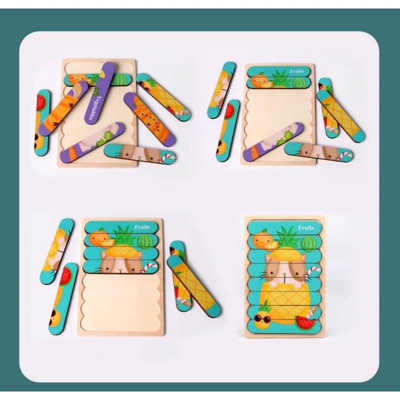 Kids New Wooden Two-sided Strip 3D Puzzles Wood Vehicle Fruit Jigsaw Puzzle Toy for Children Baby Learning Educational Toys Gift
