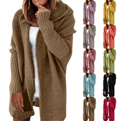 Casaco longo de malha com capuz feminino, suéter grosso e quente para o inverno