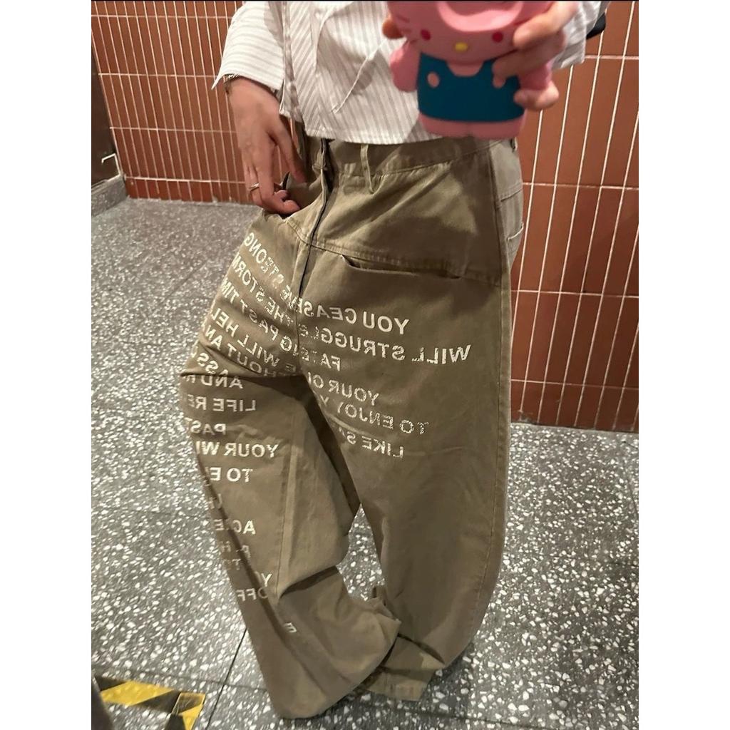 VibeStreet American Large Size Letter Print Jeans Women's Vintage Loose Lazy Style Floor-Length Pants Straight Leg Jeans
