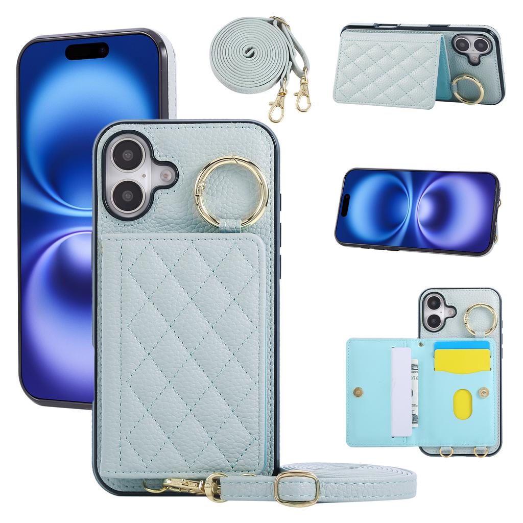 Für iPhone 16 Hülle Ständer Raute Leder+TPU Handyhülle mit Schultergurt