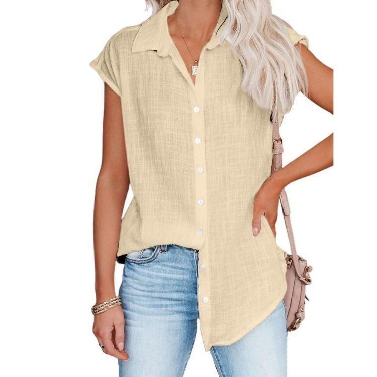 Women Casual Short Sleeve Shirt Summer Solid Color Lapel Top Single Breasted Blouse