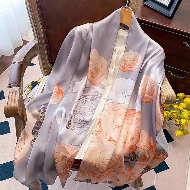 Luxury Brand 100% Real Silk Scarf Women Designer Shawls and Wraps Elegant Floral Print Pashmina Soft Long Scarves Femme Hijab