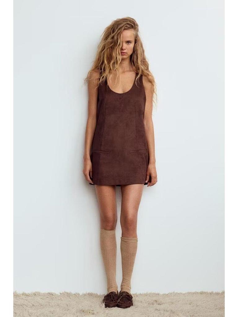2024 Winter Women's Retro U-Neck Suede Effect Sleeveless Short Dress - European & American Style