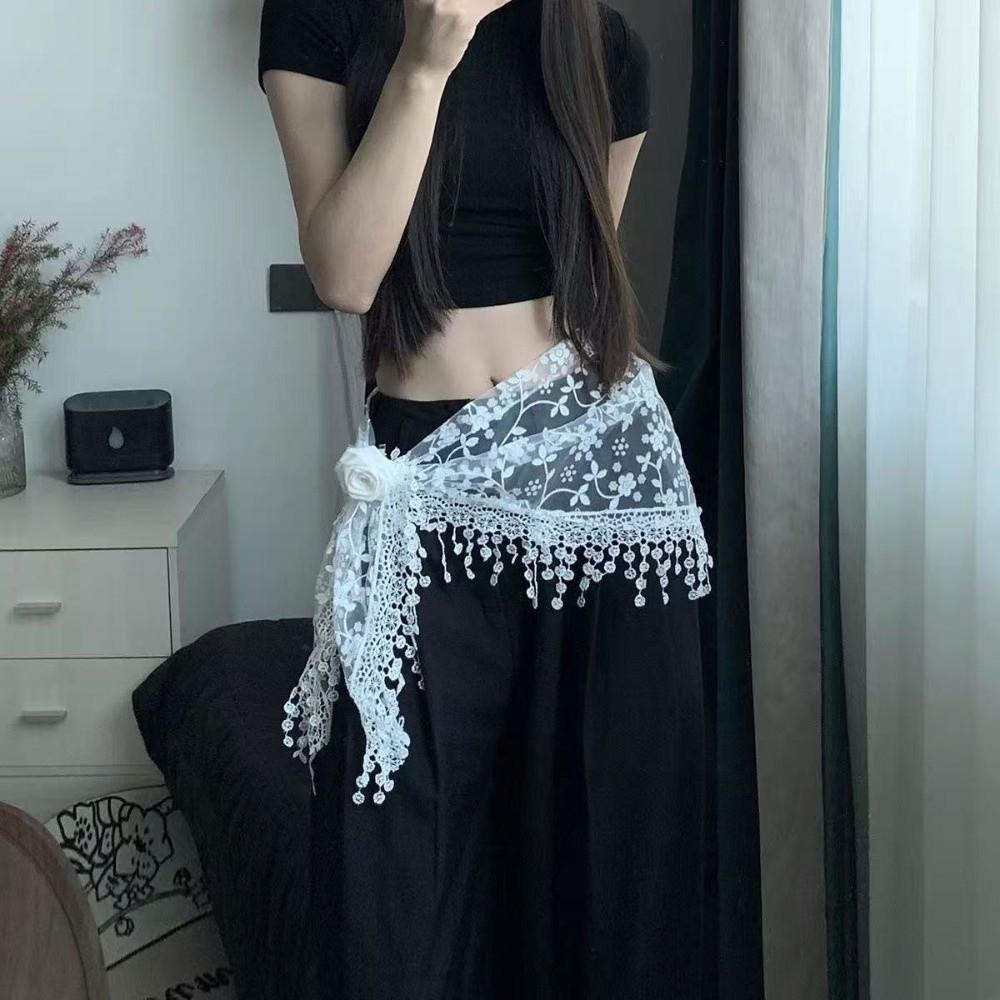 Solid Color Lace Scarf Hollow-out Triangle Scarf French Tassel Shawls  Spring Summer